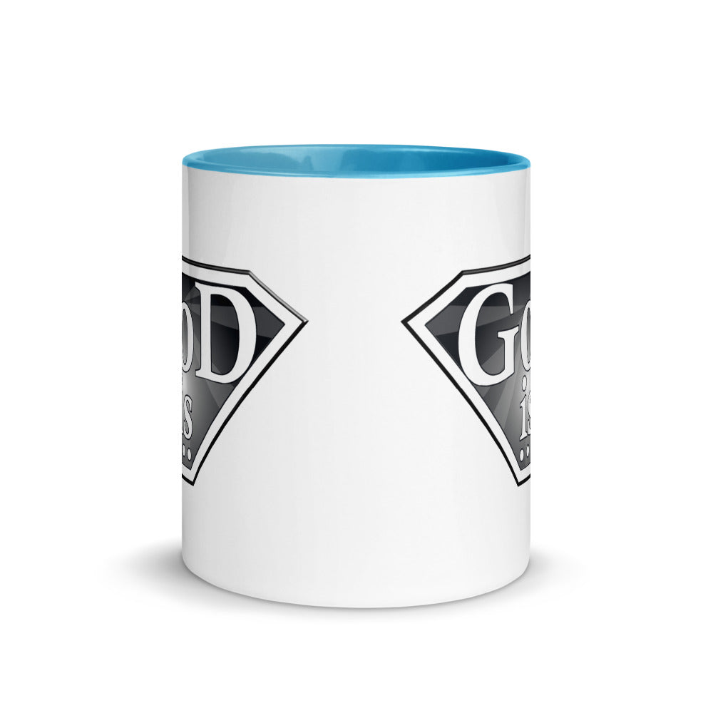 God Is White Mug in blue inside